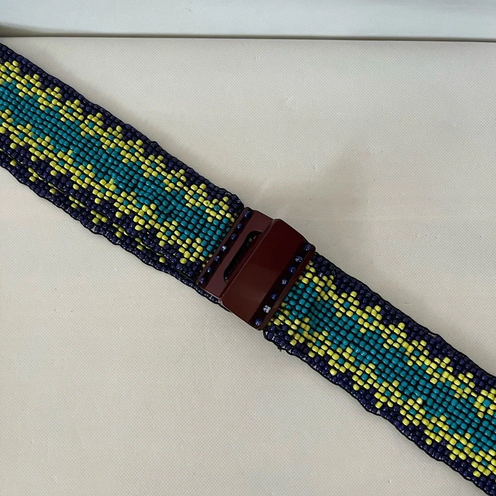 Stretchy Wide Blue Yellow /Green Beaded Wood Buckle Belt